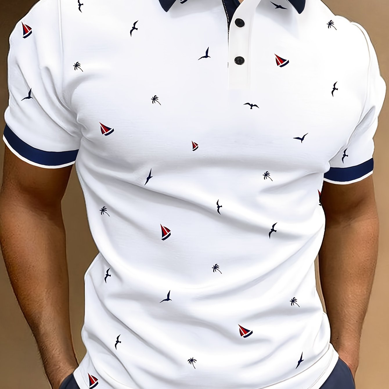 TEMU Men's Contrast Collar Design Short Sleeve Lapel Golf Shirts, Casual Style Slight Stretch Regular Fit Summer Tops, Summer Golf Shirts