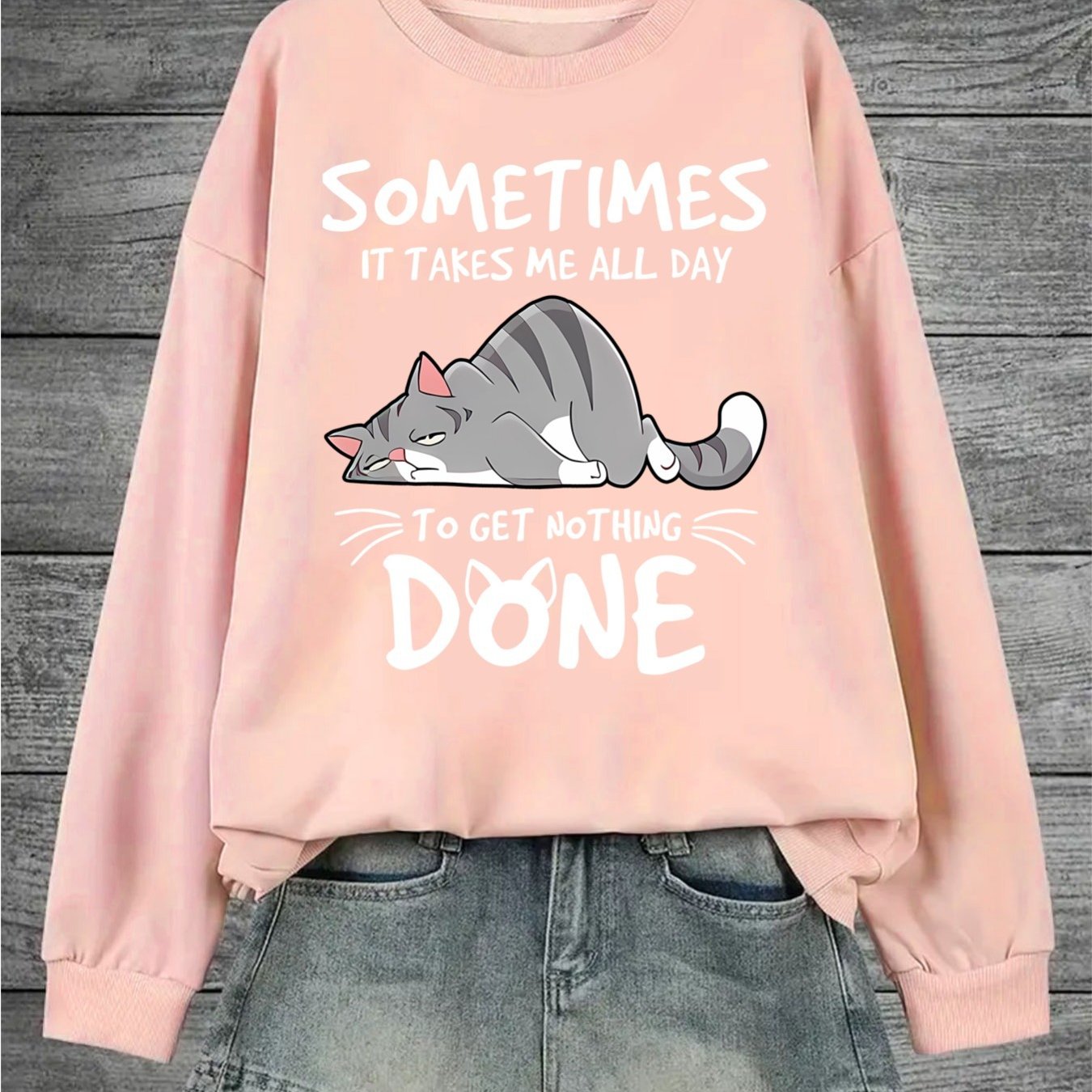 TEMU 1pc Women's Oversized Fleece-lined Sweatshirt - Cozy Cat Print & Humorous Quote Design, Soft Pink Casual Clothing, Round Neck, Machine Washable,