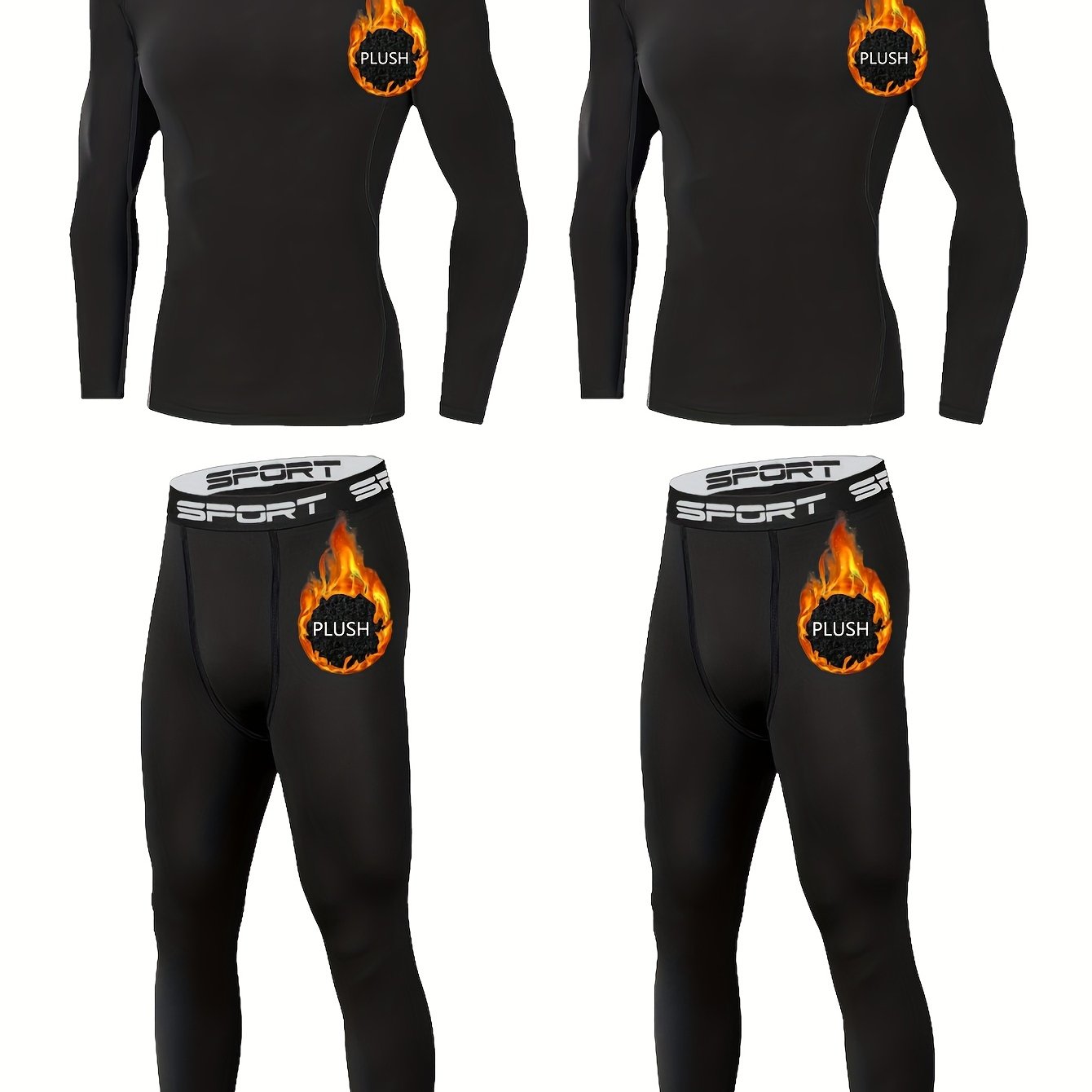 TEMU Ensemble de sous-vêtements thermiques doublés 4 pièces, t-shirt de compression à séchage rapide pour homme et leggings confortables à haute