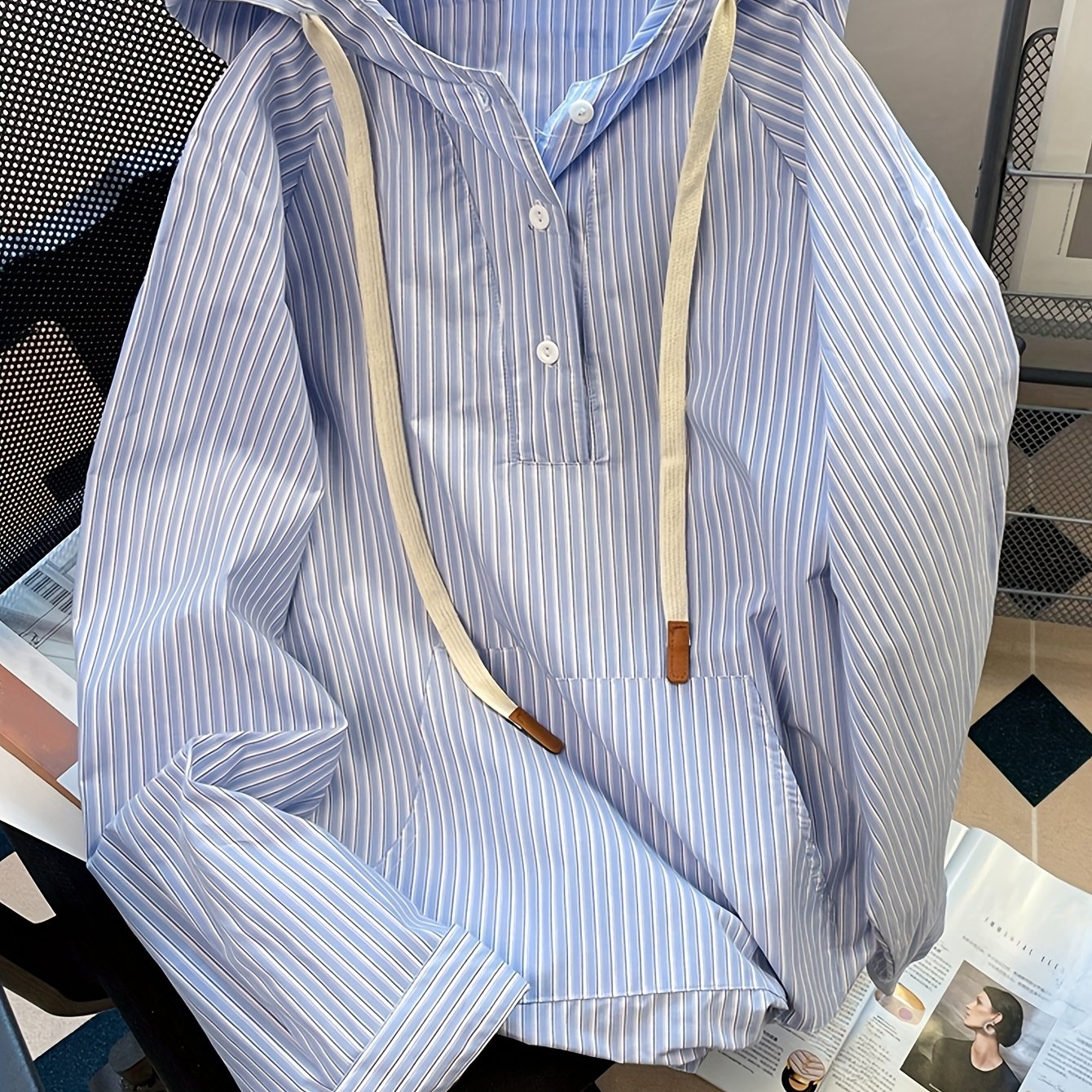 TEMU Women's Japanese-style Blue Striped Hooded Sweatshirt, Loose Vintage Hong Chic Casual Outerwear Top For Spring And Autumn, Fashionable Hoodie  