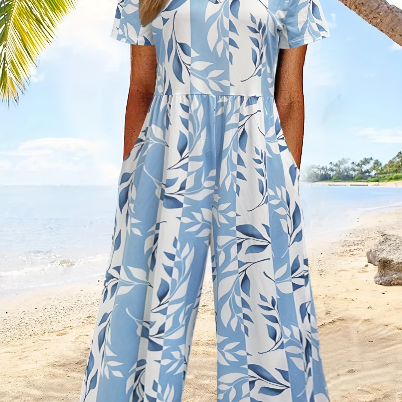 Image of Spring And Summer Women's Floral Print Seaside Elegant Women's Casual Fashion Jumpsuit V-neck Daily Wear Suitable