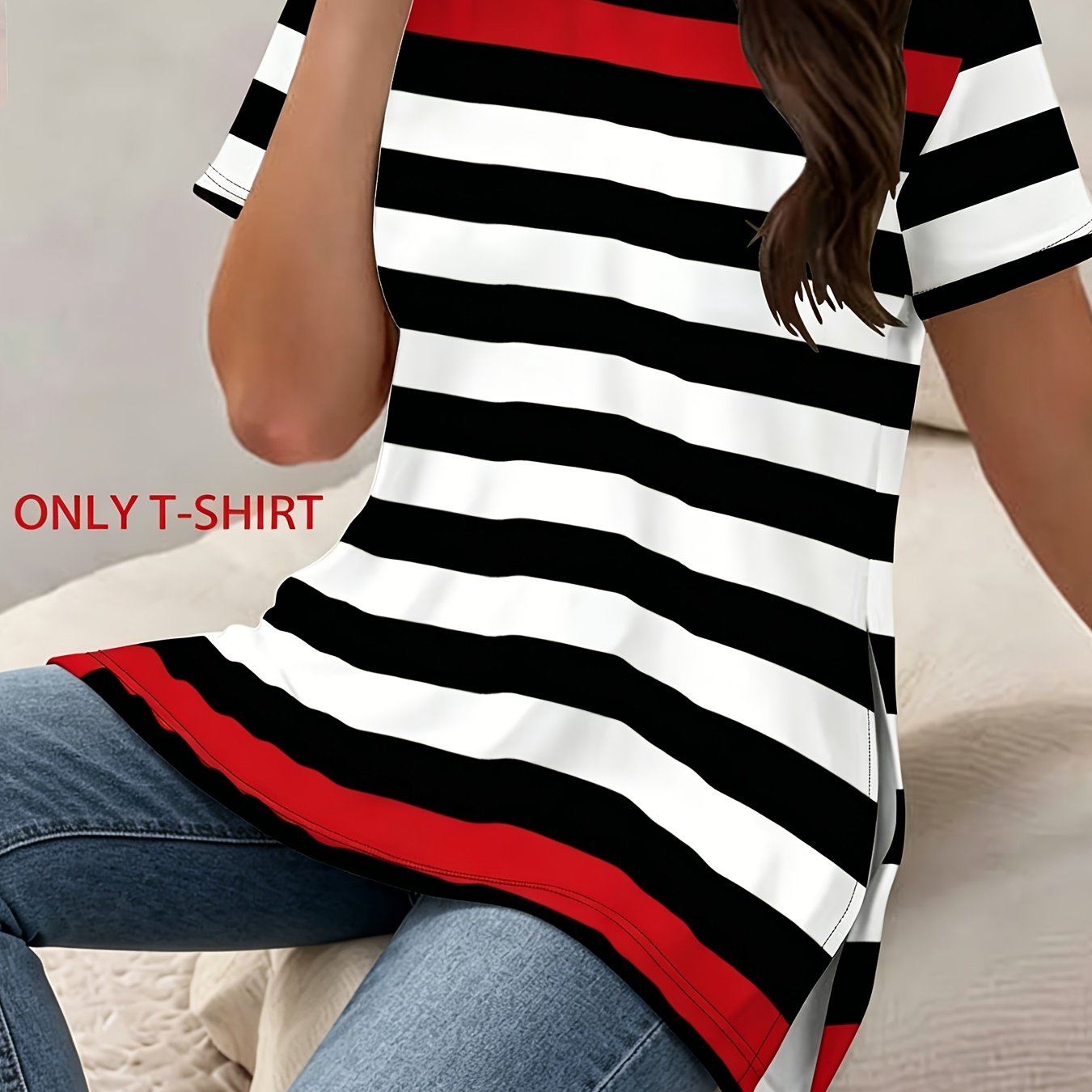 TEMU New Women's Casual Side Slit T-shirt, Red And Black And White Horizontal Stripe Side Slit T-shirt, Casual Versatile Top, Plus Size Women's, Plus