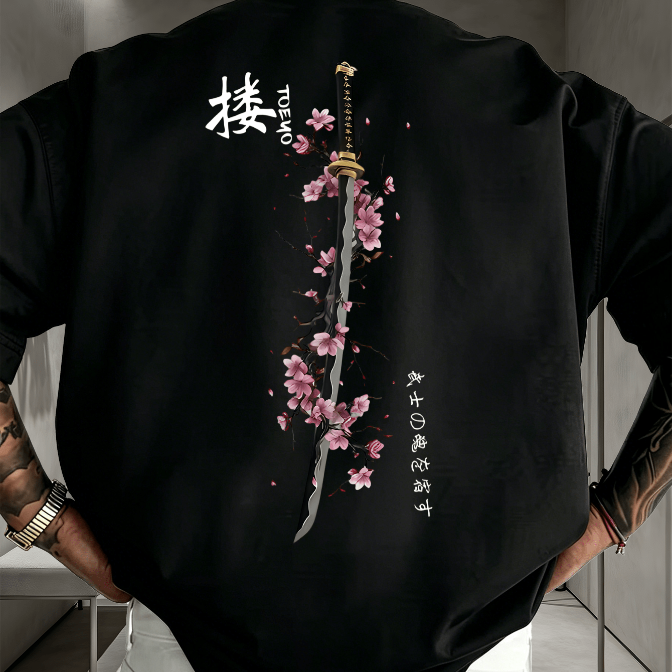 TEMU Men's Japanese & Cherry T-shirt - Print Round Neck Casual Tee, Machine Washable Suitable For Daily Wear, Commuting, School, Gift For Him,