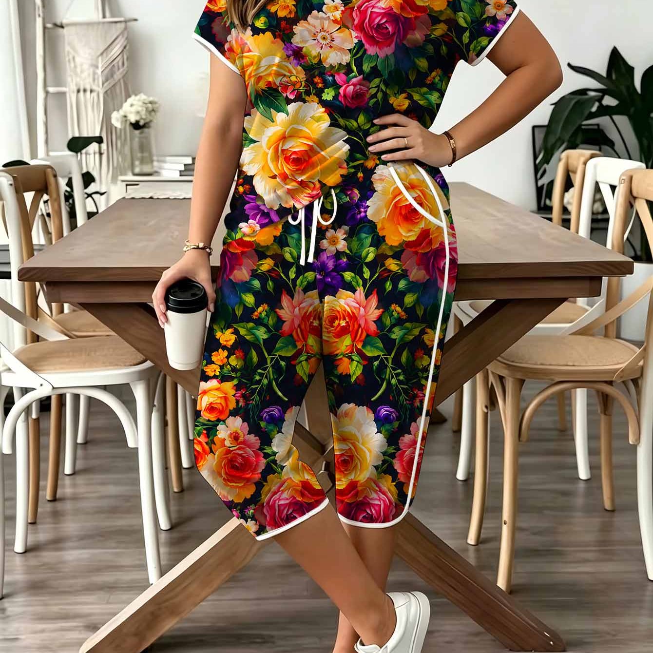 Image of Plus Size, Plussize Women's Print White Striped Colorblocked Twopiece Set. Round Neck Shortsleeved Top + Drawstring Belt Side Pocket Capri Pants. Vintage Elegant Casual Floral Loungewear Set