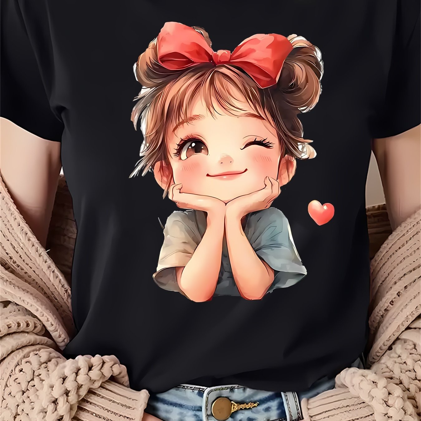 TEMU 새로운 여성 디지털 프린팅 반팔 티셔츠, 장난기 넘치는 더블 테일 패턴 여성 캐주얼 반팔 티셔츠 - 부드럽고 탄력적, 세탁기 사용 가능, 사계절 내내 편안함, 라운드넥 스트리트 스타일, 귀여운 티셔츠, 편안한 의류