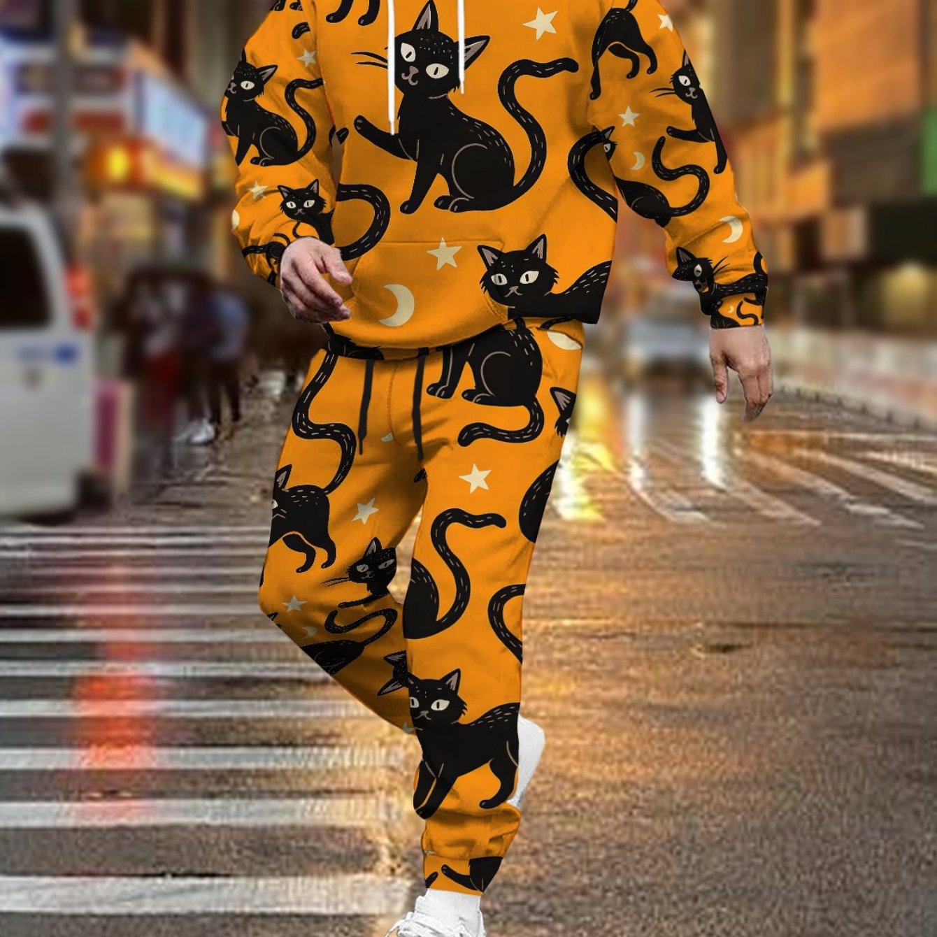 Image of 2pcs Men's Matching Tracksuit Hooded Sweatsuit - Matching Black Cat 3d Print Hoodie & Joggers, Casual Sportswear For Spring/fall , 2pcs Lounge & Outdoor Outfit (polyester)