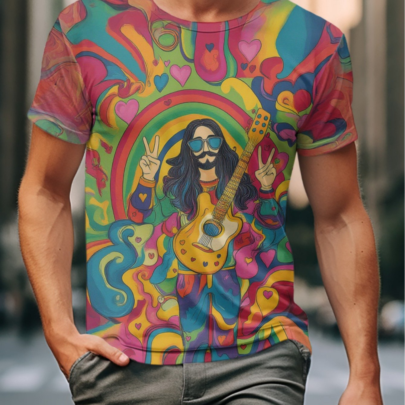 TEMU 's Psychedelic Hippie Music T-shirt - Retro 60s-70s Summer Lightweight Breathable Casual Athletic Top - Graphic Design Streetwear Outdoor