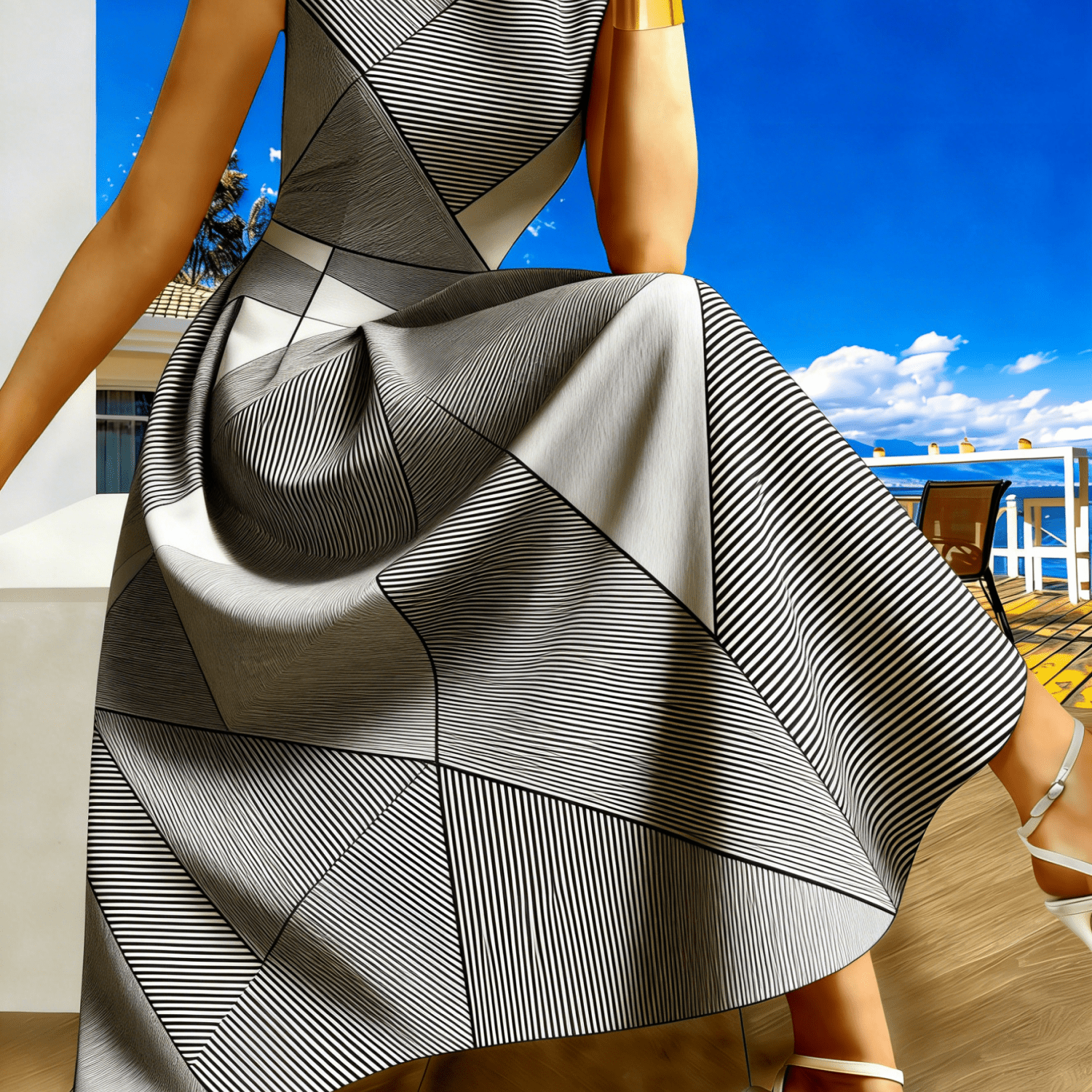 Plus Size, Plus Size Sleeveless Maxi Dress With Distinct Geometric Stripe Print And Loose Flowy Silhouette Casual Artistic Style For Curvy Women Daily Family Gathering Work Wear