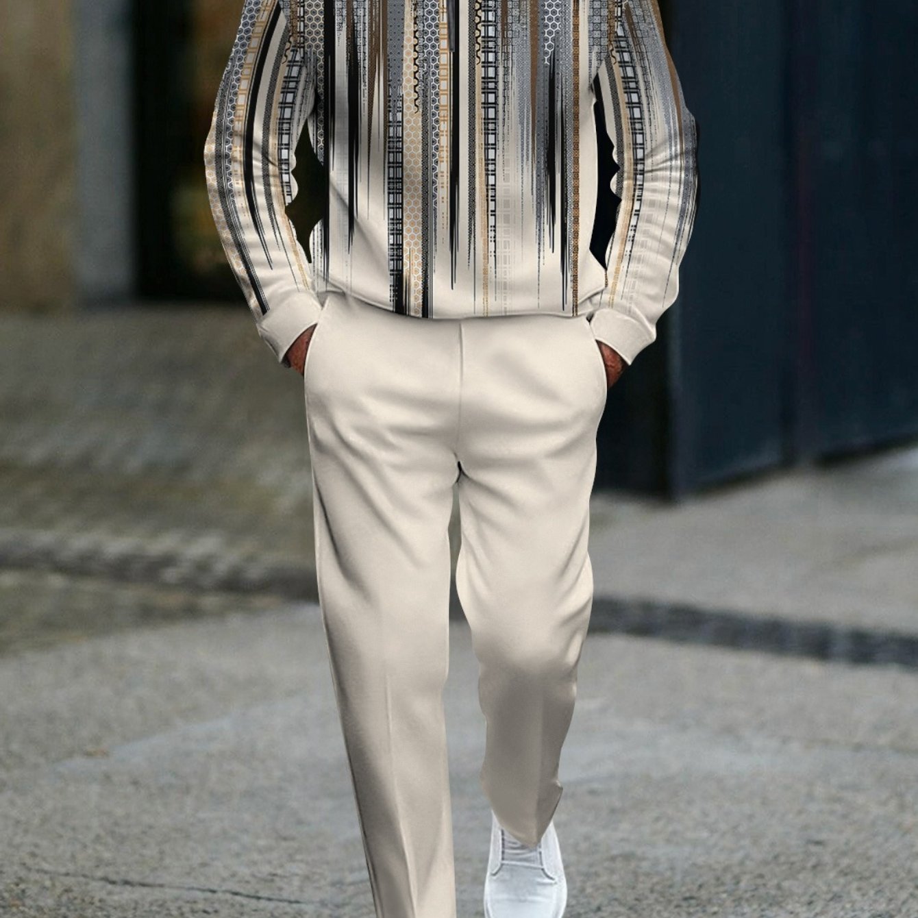 TEMU Stand Collar Men's Fashion Casual Trendy 3d Print 2pcs Tracksuit With Geometric Stripes Pattern Abstract Sweatshirt And Pants Set Men's Outfits