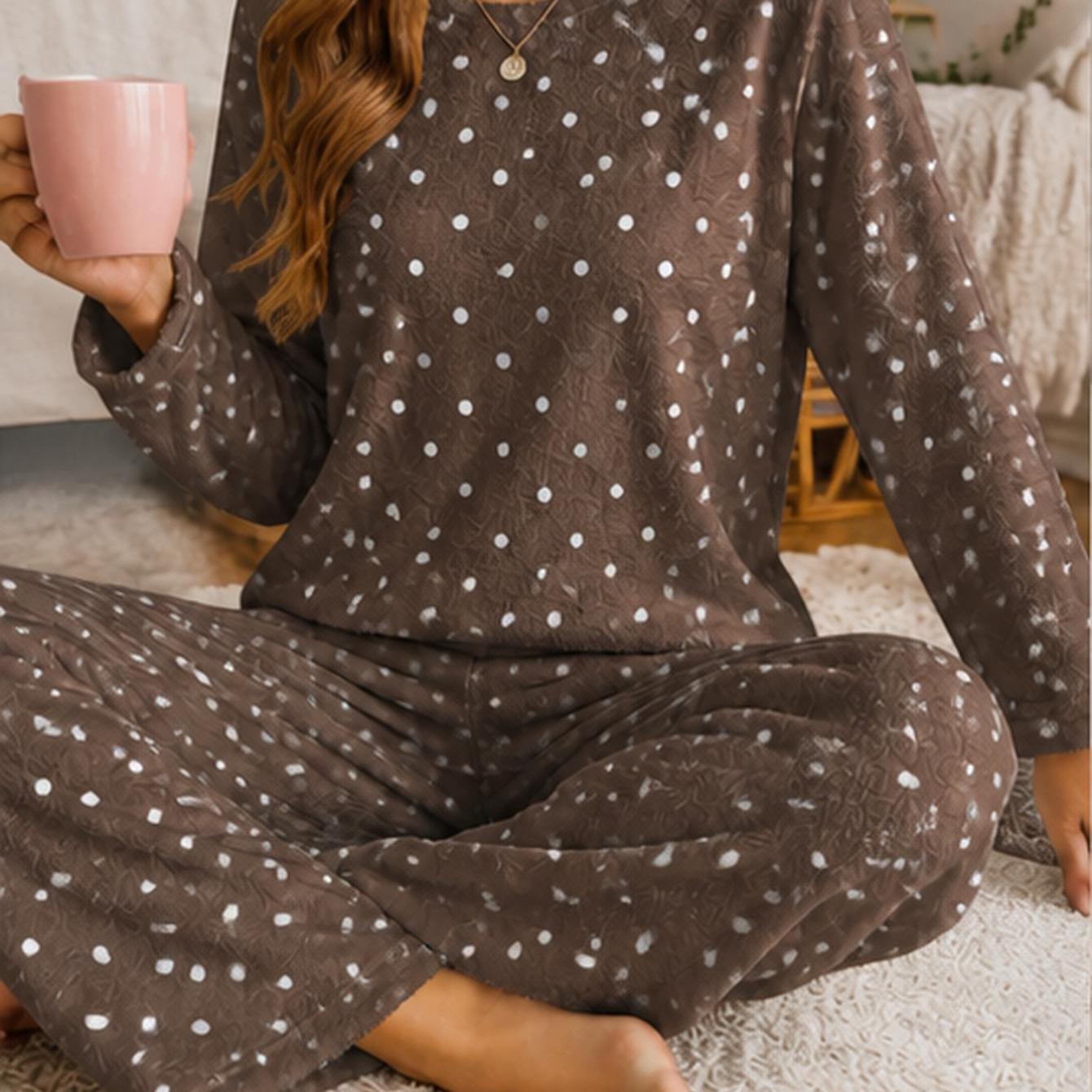 Image of Plus Size Women's Autumn/winter Coral Fleece Pajama Set Brown Polka Dot Lounge Sweater For Wear Long Sleeve Top And Pants Soft Warm Cozy Flannel Sleepwear, Casual Loose Homewear