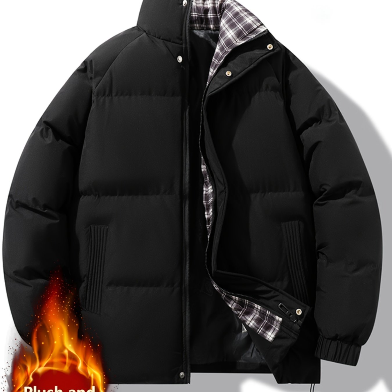 TEMU Men's Plus Size 0xl-5xl New Winter Thickened Casual Stand Collar Padded Coat, Trendy Solid Color Windproof Simple -lined Warm Top, Suitable For