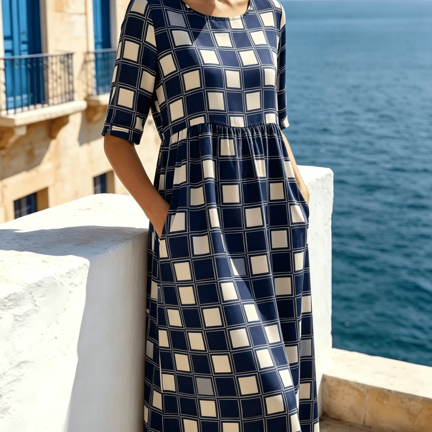 Image of Plus Size, Plus Size Women's Mid-sleeve Midi Dress, Casual Loose Empire Waist Dress With Side Pockets, Navy Blue Beige Square Plaid Print, Simple Summer Dress For Curvy Women Ladies Summer Dress