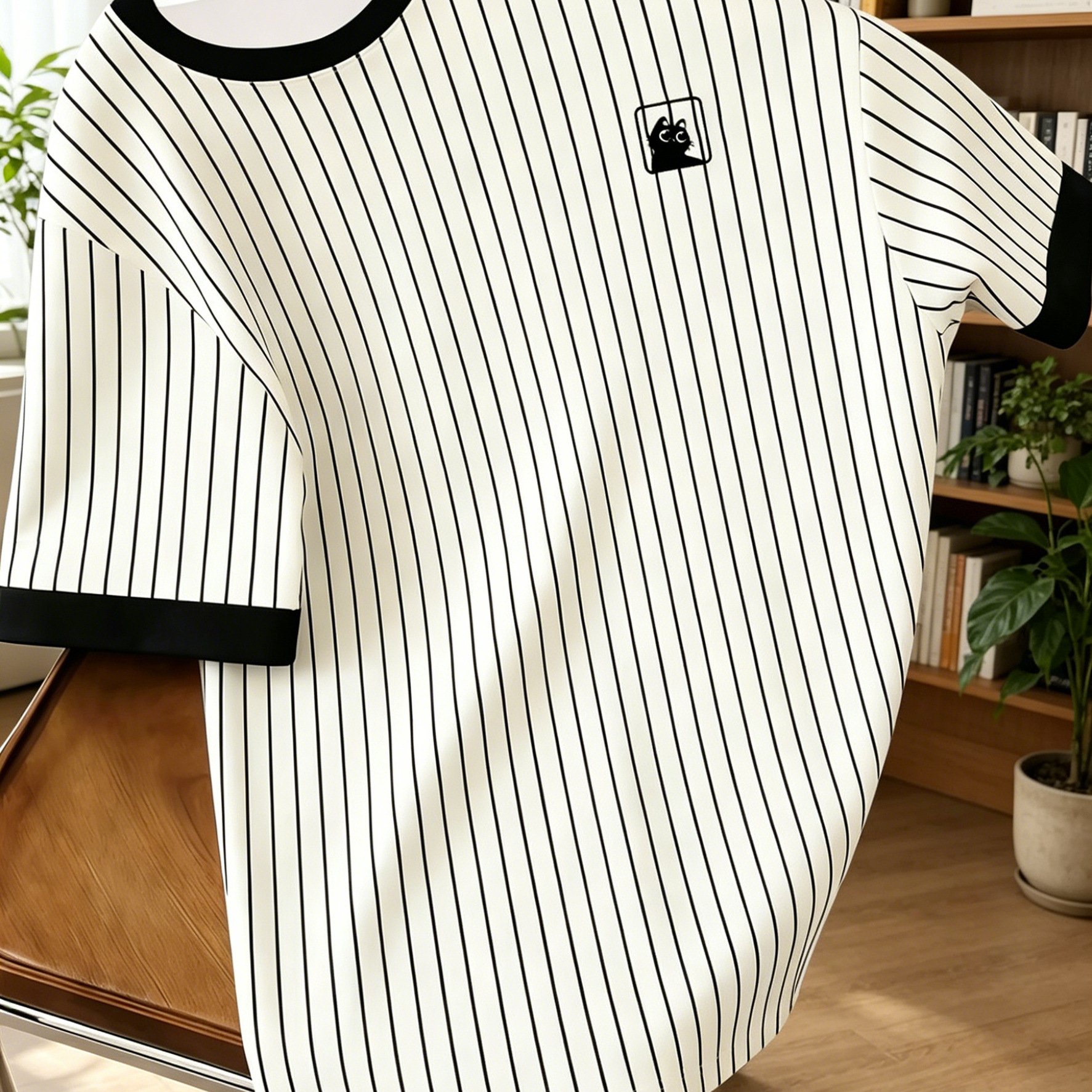 TEMU Printed Design - Non-textured Men's New Summer Fashion Casual Crew Neck Short Sleeve T-shirt With Striped Pattern, Versatile For Daily Wear,