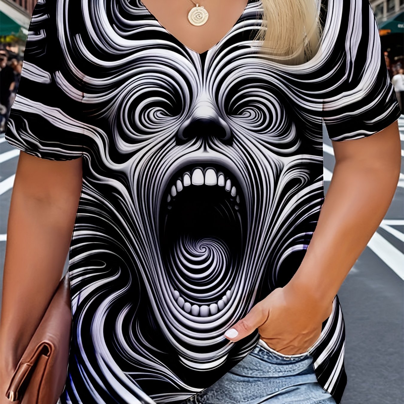 Women's V-neck Print Optical Illusion T-shirt, Swirl Face Print 3d Print Tee Short Sleeve Suit For Casual, Party, Travel Illusion , Optical Illusion Durable Clothing Shirt Fit For Gifting To