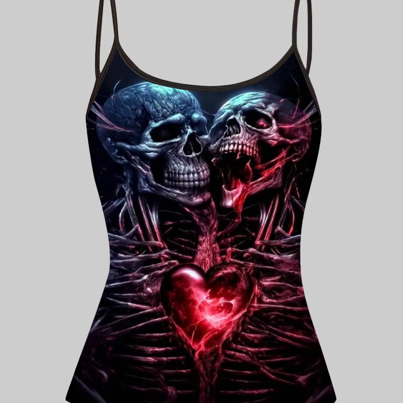 TEMU A Single Piece Featuring An Of 2 Skulls Embracing A Heart Print, With Thin Straps, A Tank Embodies Dark Aesthetic Fashion