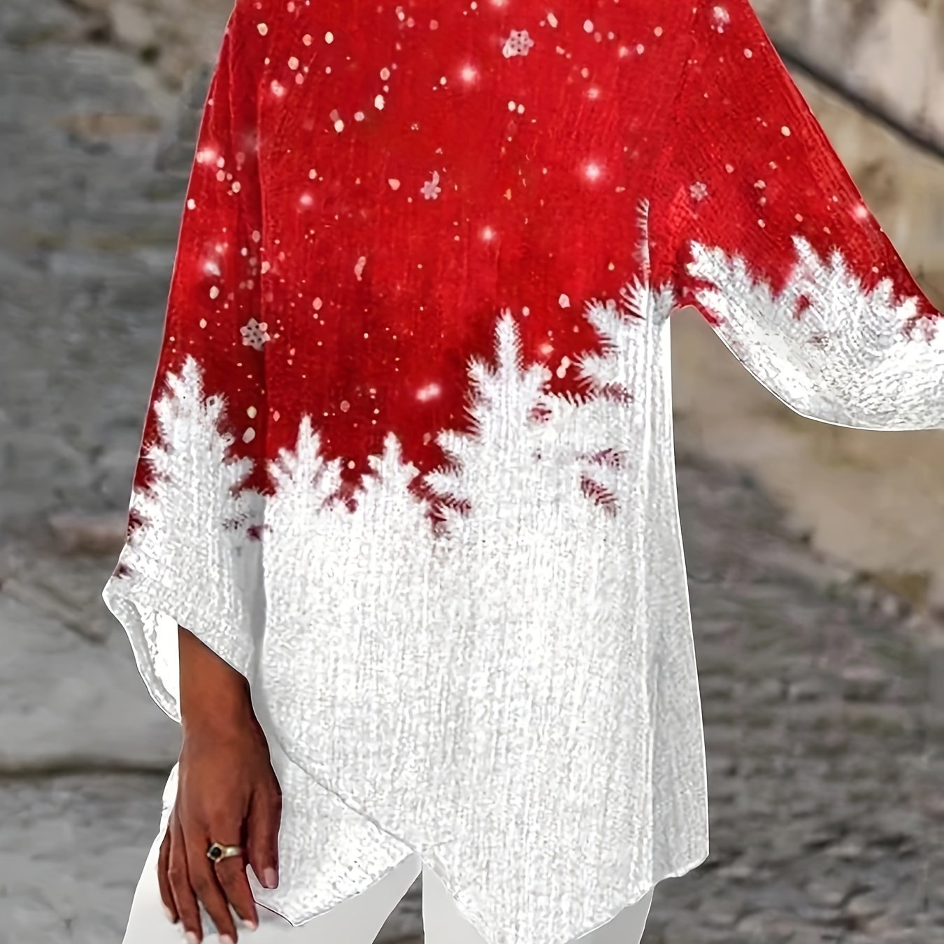 Plus Size, Women's Plus Size Elegant Christmas Top, Spring/autumn Round Neck Printed Asymmetrical Hem Long Sleeve T-shirt Plus Size
