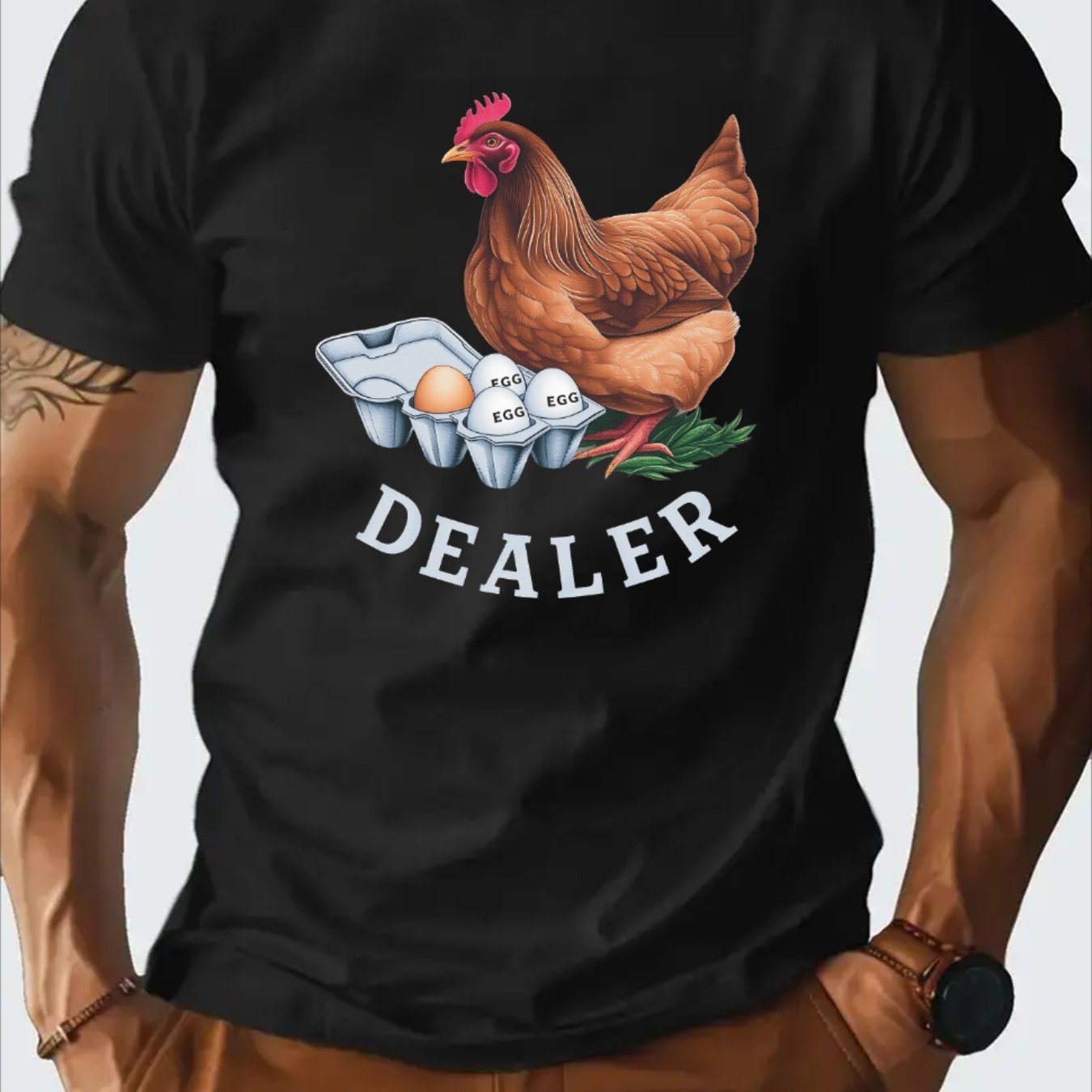 TEMU Men's 100% Cotton Funny Chicken & Eggs Dealer Graphic T-shirt - Retro Loose Fit Short Sleeve, Breathable Casual Tee With Poultry , Spring ,-image-17608954427088