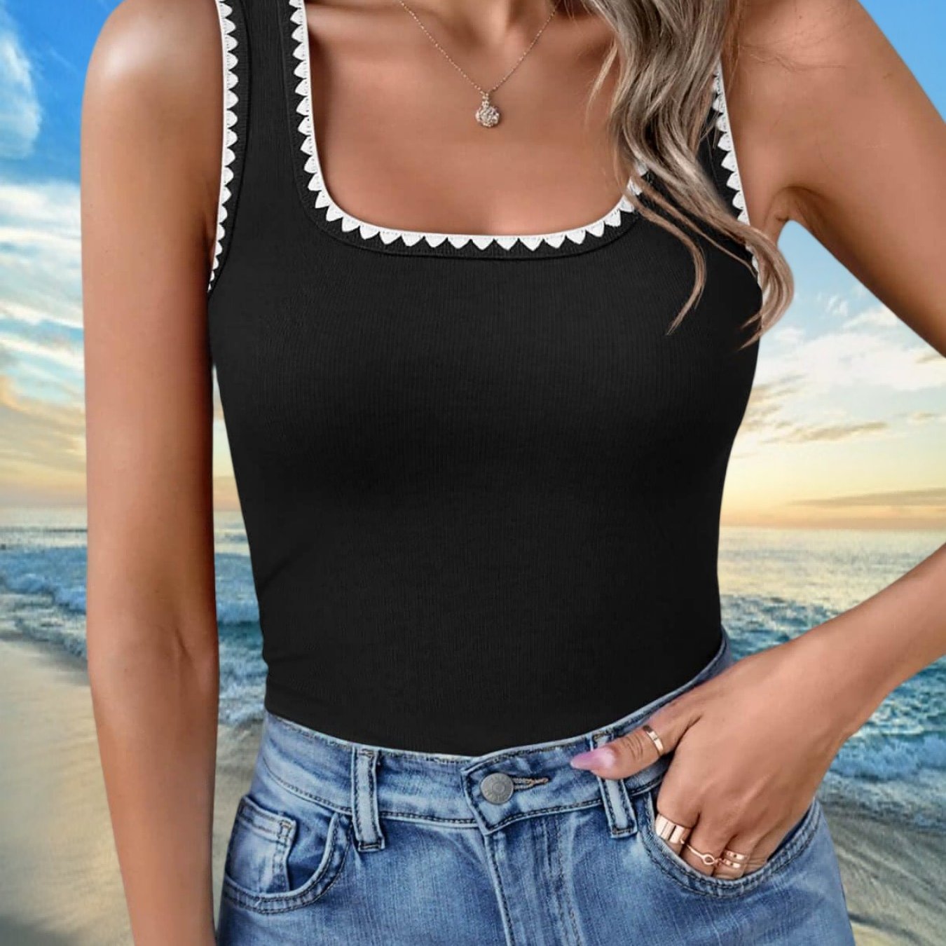 Casual Sleeveless Tees For Women Featuring A Slim Fit, Square Neckline, And Color Block Ribbed Design, Perfect For Spring And Summer
