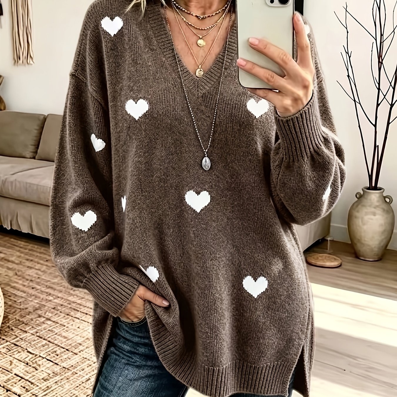 TEMU Pull élégant pour femme grande taille, pull pour femme avec jacquard de cœur, pull pour femme adapté à et à l'hiver, pull d'automne et d'hiver