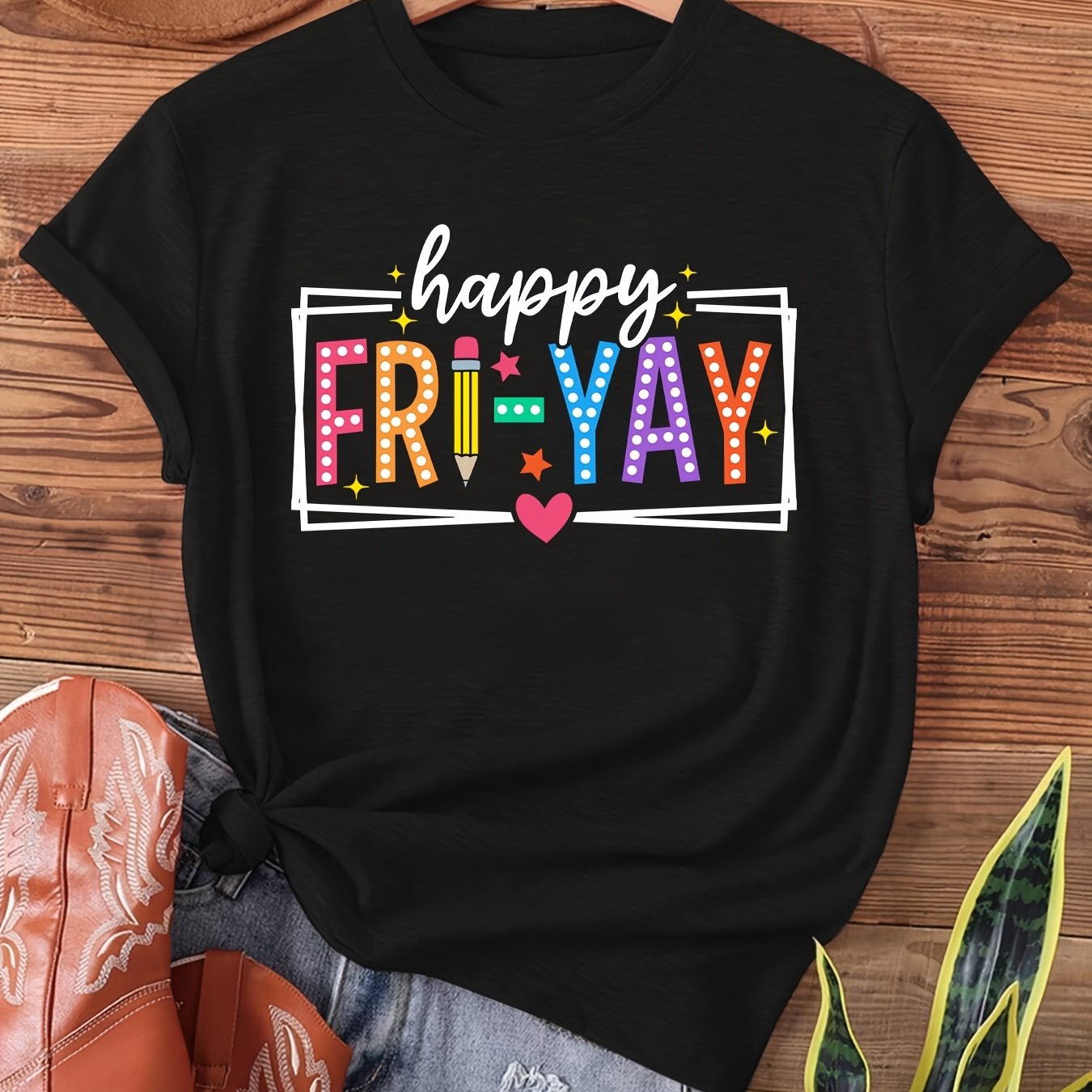 TEMU Happy Print T Short Sleeve Crew Neck Casual Top For Women's Clothing-unisex Holiday Gift Casual Outing 2026 New Style T-shirt 180g