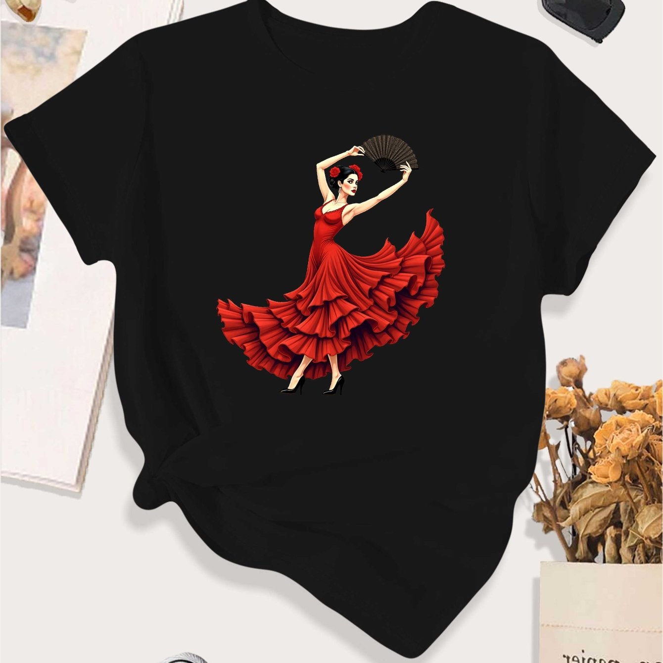 TEMU Women's Large Flamenco Dancer Spanish Dance Outfit - Black Fan Design T-shirt, Round Neck Casual Wear For Flamenco Costumes & Everyday Spanish
