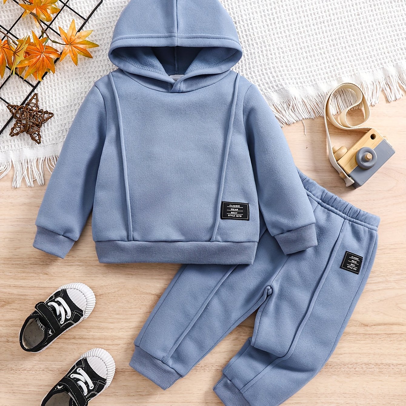 New Autumn/winter 0-3 Years Boys' 2pcs Set, Navy Blue Long-sleeve Hooded Sweatshirt Set, Perfect For Outdoor
