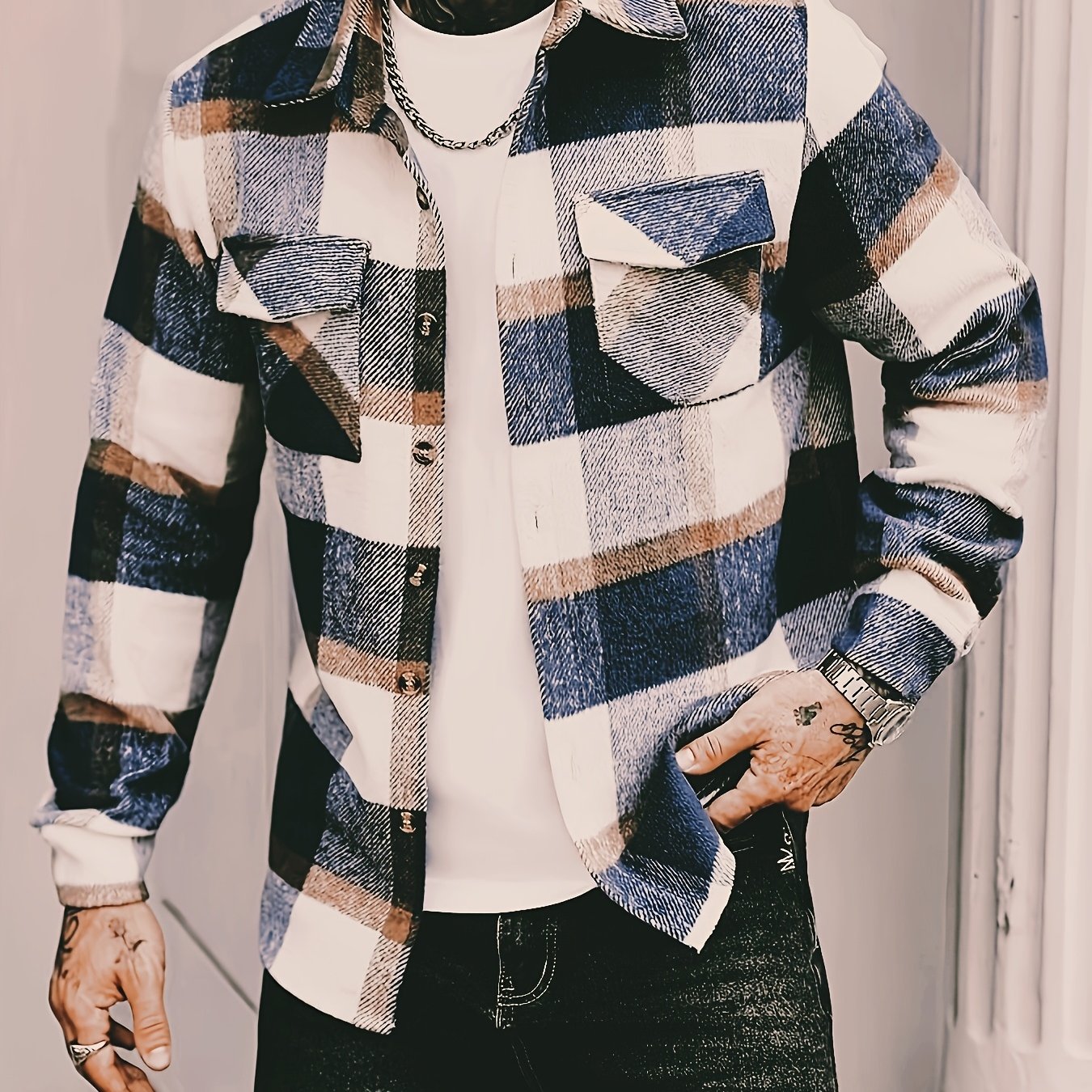 TEMU Japanese Gift Men's Long Sleeve Single Button Casual Practical Pocket Thickened Shirt, Autumn/winter Men's Flannel Style, Gift For Boyfriend Or