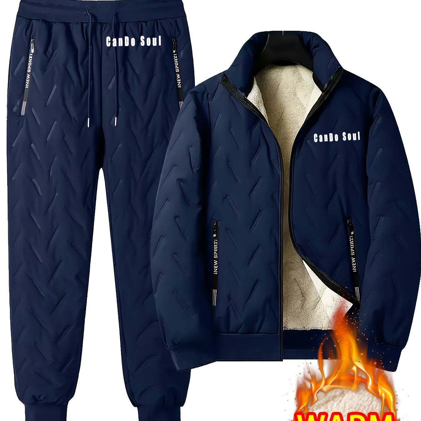 TEMU 2pcs - Autumn/ Winter Two-piece Men's Stand Up Collar Jacket, Long Sleeved Jacket, Pants Jacket, Men's Winter Casual Jacket Set, With Plush