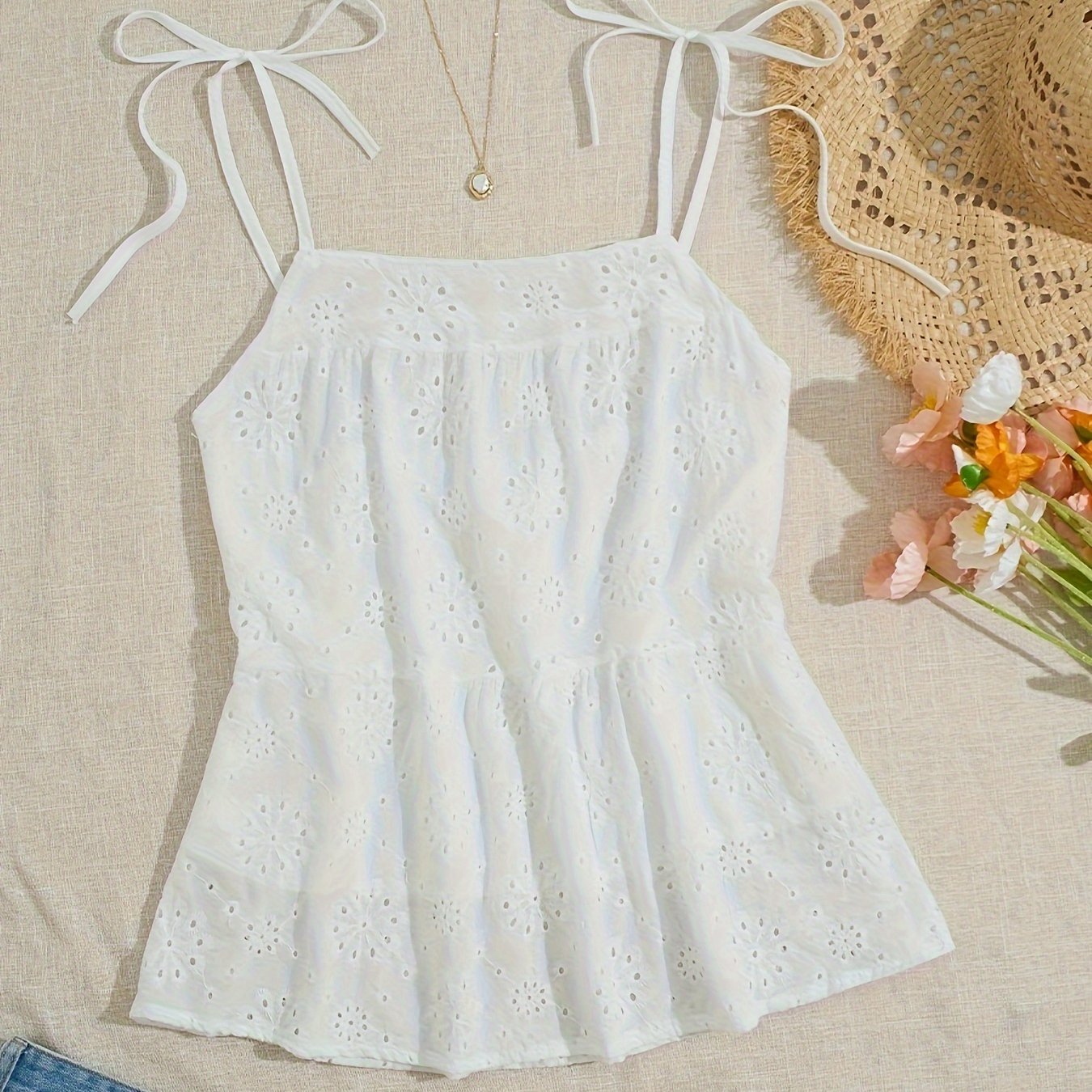 TEMU Solid Color Spaghetti Strap Top, Vacation Lace Up Eyelet Embroidery Sleeveless Cami Top For Summer, Women's Clothing