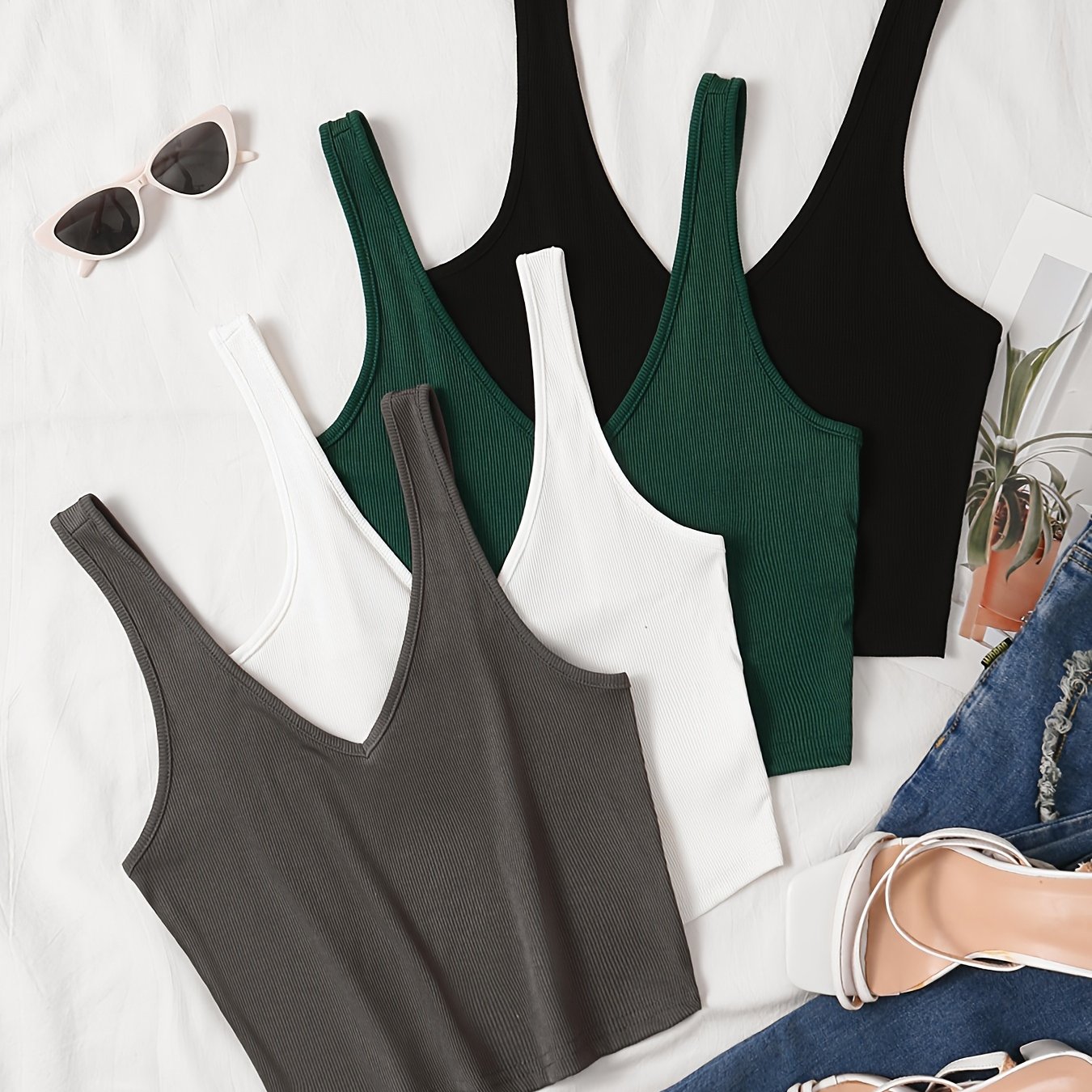 E-shop Solides Tanktop 4er-Pack, Vielseitiges V-Ausschnitt Ärmelloses Crop-Sommer-Top, Damenbekleidung