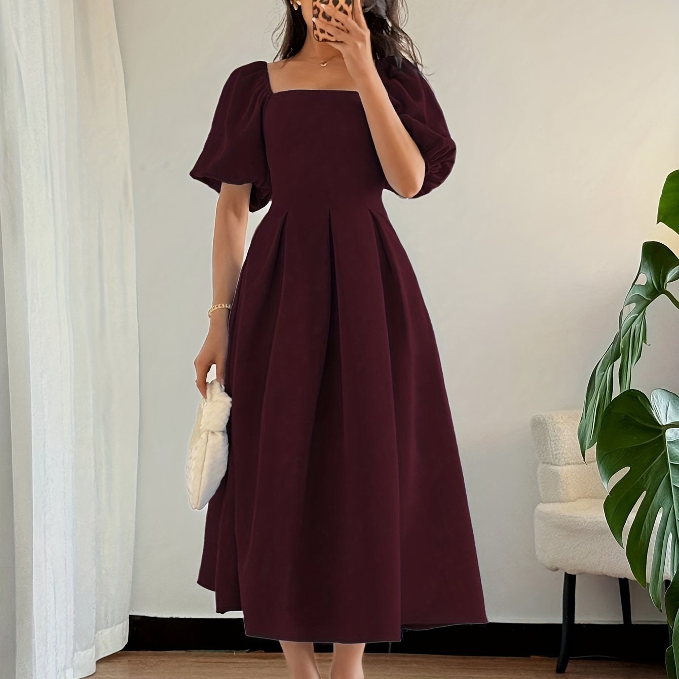 TEMU Elegantes A-Linien-Kleid mit Puffärmeln für Damen, roter Rock, Gummizug-Design am Rücken, Faltdetail vorne, figurbetontes Silhouette, zeigt