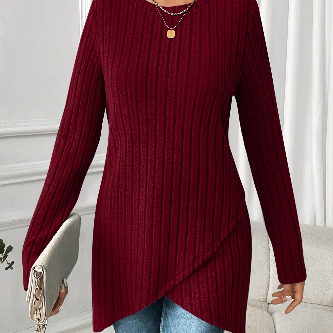 Plus Size - Women's Plus Size Ribbed Fabric Multi Element Lightweight Elegant Loose Long Sleeve T Shirt Asymmetrical Hem Round Neck Casual Vacation Top