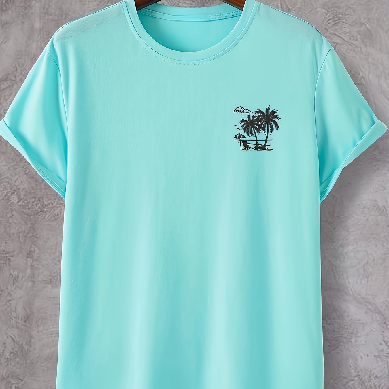 Image of 2025 Summer New Plus Size Men's Trendy Fashion Comfortable Design Sense Coconut Tree Small Graphic Print 180g 100% Cotton, Plus Size