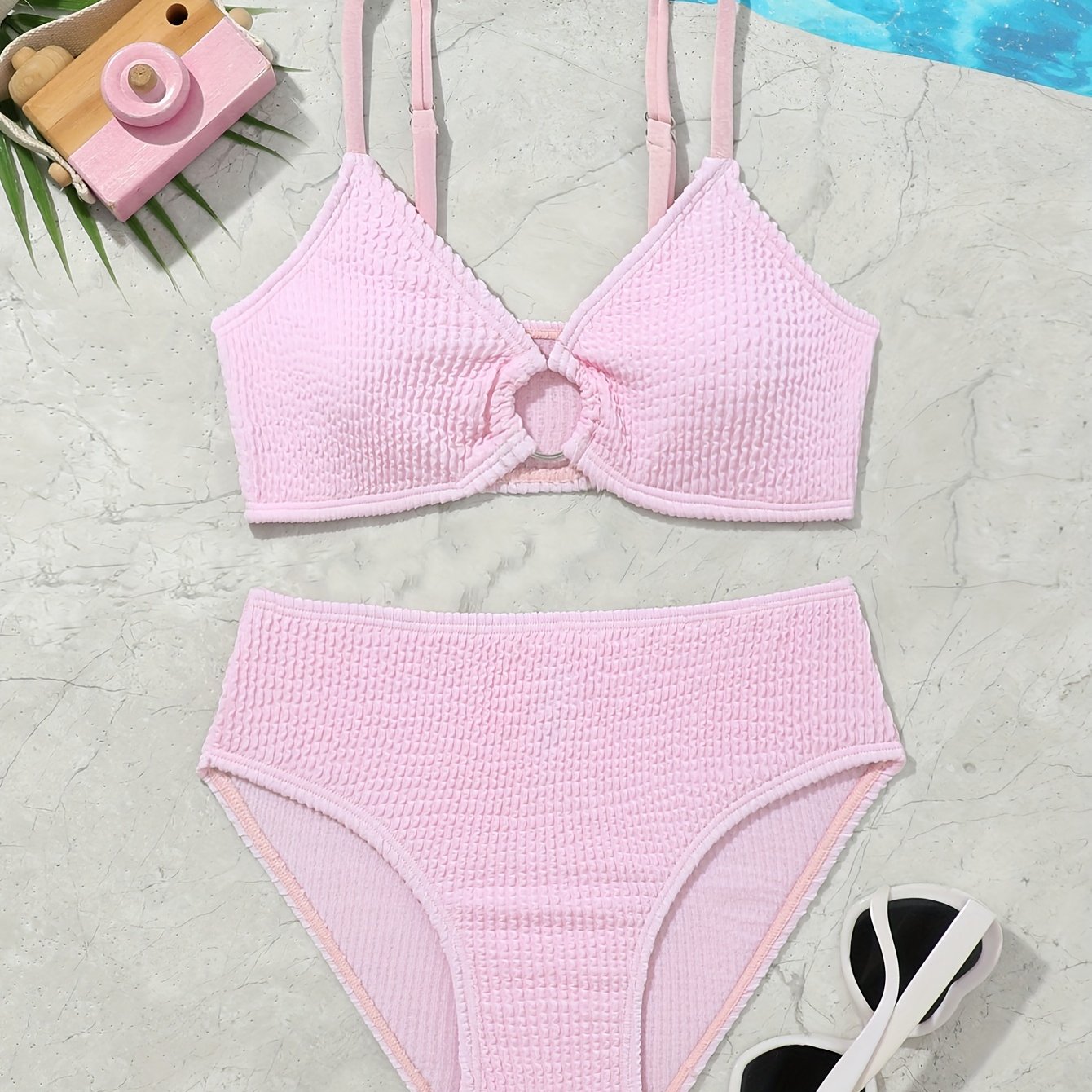 2-delni modni enobarvni bikini z valovitim vzorcem za deklice