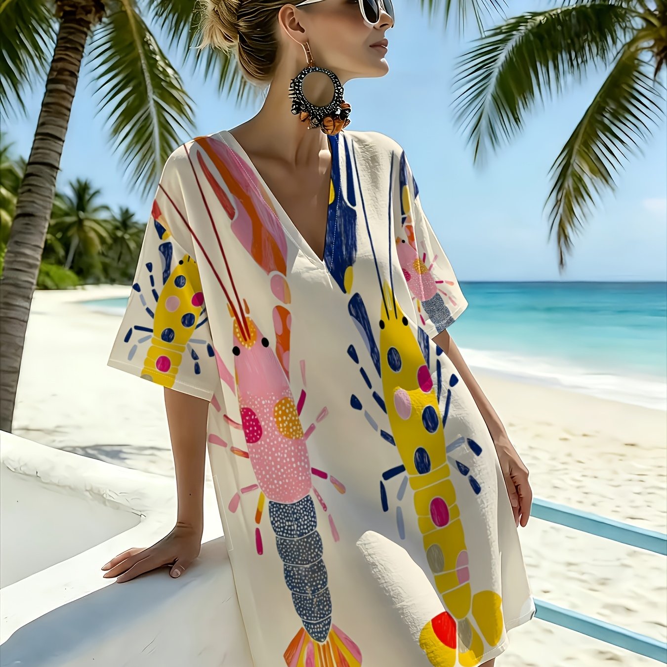 TEMU Summer New Style Watercolor Colorful Shrimp Print Women's V-neck Dress, Loose Short Sleeve Cute Beach Vacation Casual Cover-up