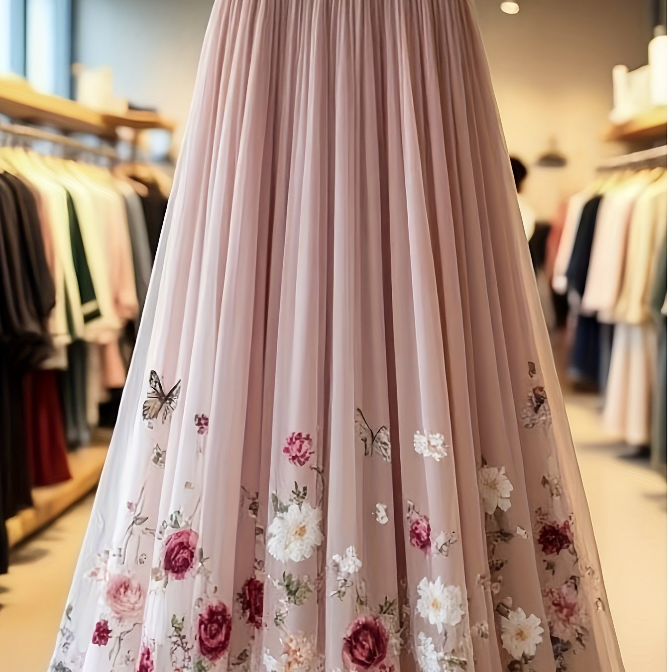 TEMU Rose Floral Print Skirt, Mesh Floral Print Maxi Dress, Niannian