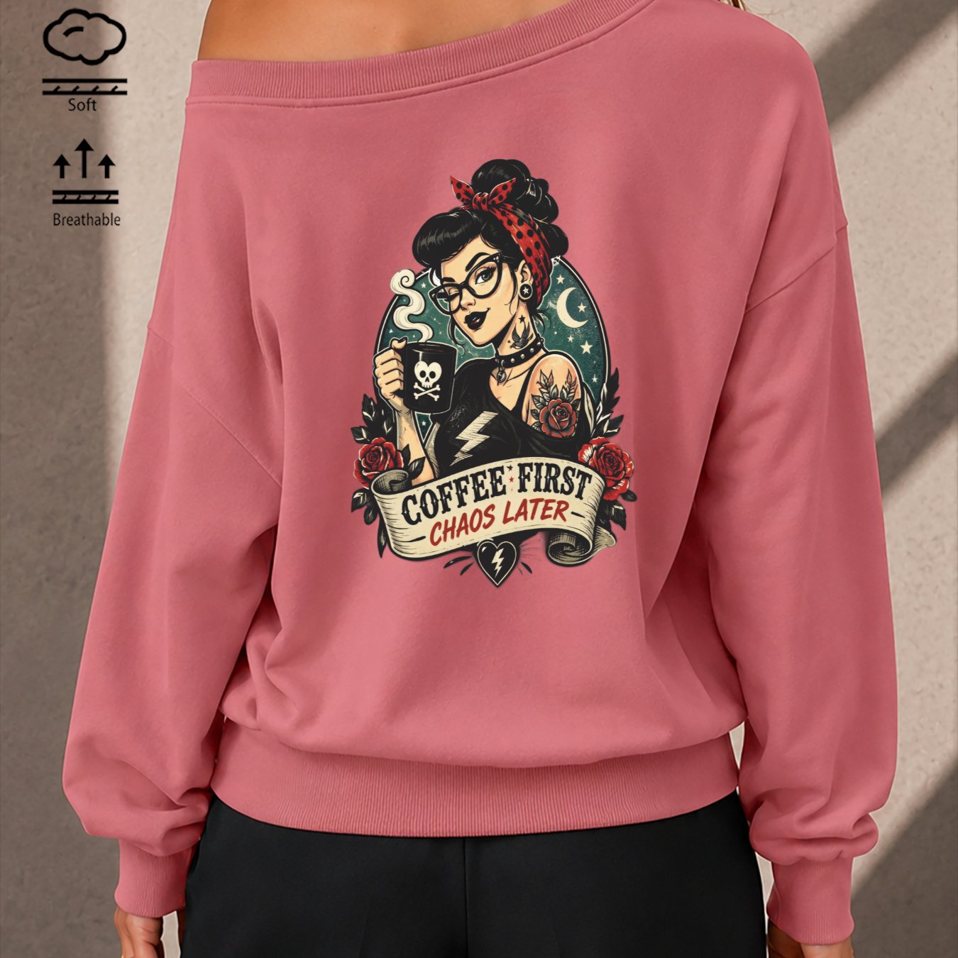 Image of Autumn Women's Asymmetrical Off-shoulder Long Sleeve Fashion Sweatshirt With Retro Print Of Bespectacled Woman, Coffee Cup, Skull And ' Later' Text, Casual Loose Pullover Jacket