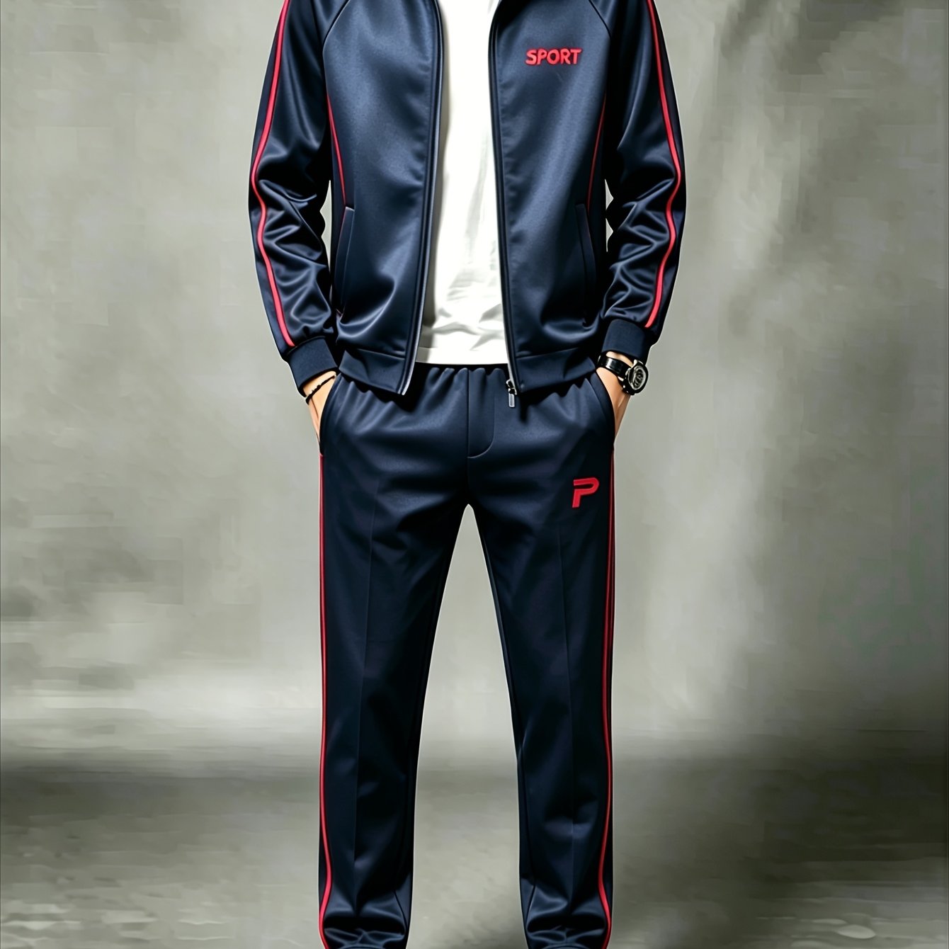 TEMU Men's Stand Collar Cardigan Set Casual Sports Navy Blue 2 Piece Outfit With Stripes