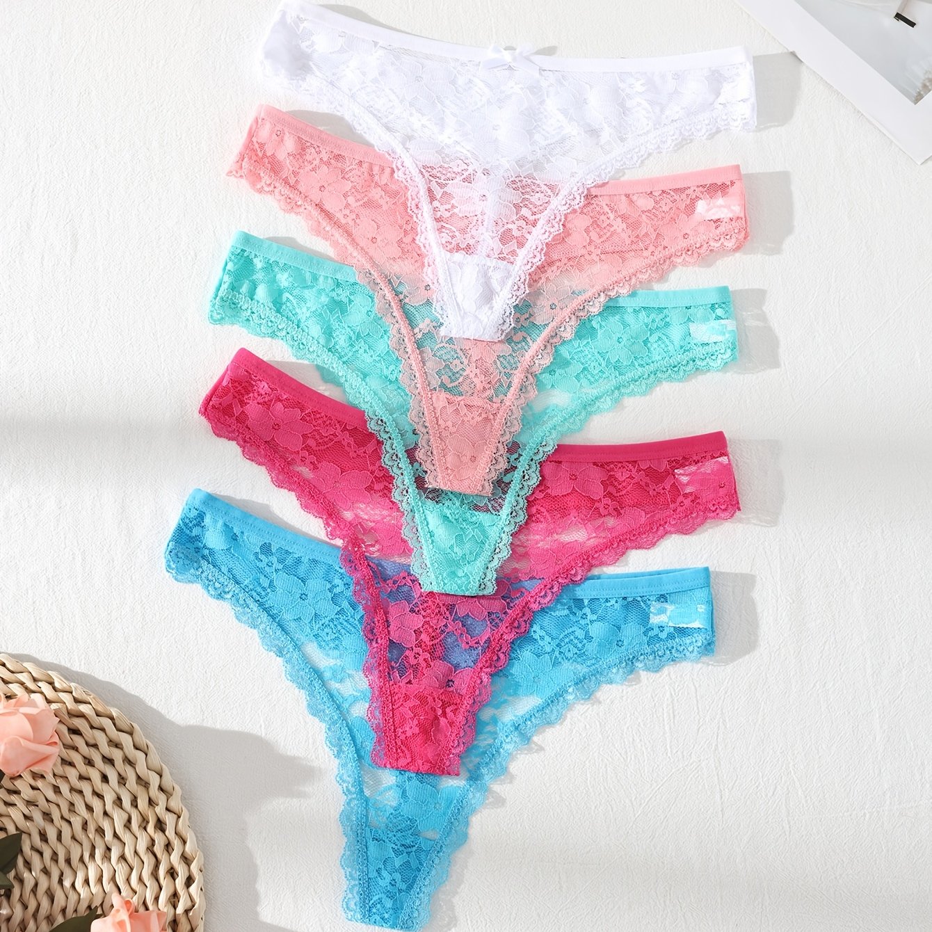 TEMU 5-pack Sexy Lace-trimmed Women's Briefs | Breathable, Soft, Comfortable, Semi- With Bow Detail