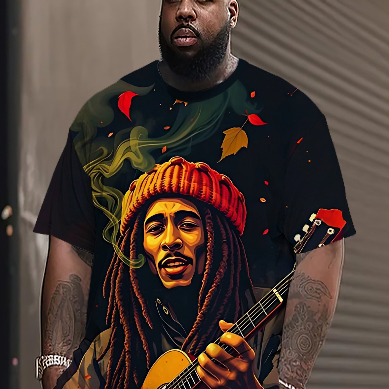 TEMU Men's 3d "guitar Rhythm" Print T-shirt | Plus Size Hip-hop Trendy Short Sleeve Top With Crew Neck And Slight Stretch Fabric