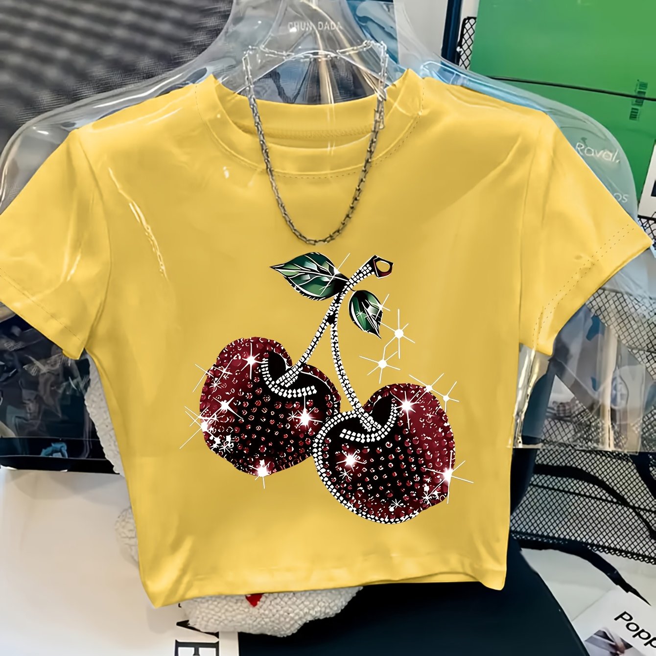 TEMU Women's Y2k Cherry Print Cropped T-shirt - Short Round Neck Top With Cherry Motif, Soft Comfortable Fabric, Casual & Layering Piece For Outfits,