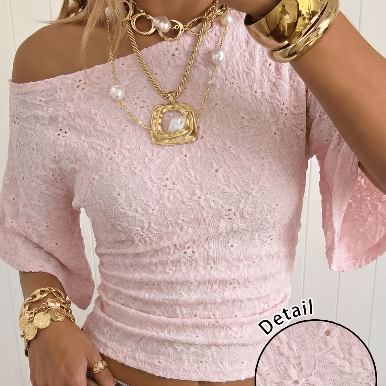 TEMU Haut T-shirt d'été pour femmes, nouveau, français, élégant, tendance, facile, sexy, à épaules dénudées, couleur unie, jacquard, slim