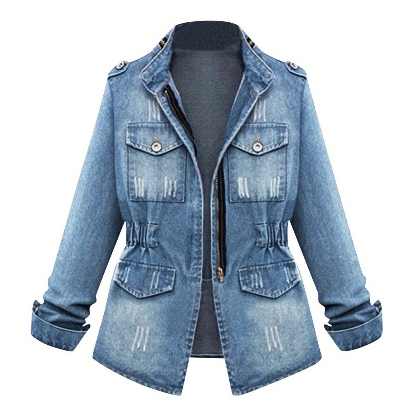 TEMU 1pc Women's Short Round Neck 3 - Quarter Sleeve Light Blue Denim Jacket | Casual Stylish For Daily Outfits, Shopping & Spring - Autumn Wear |
