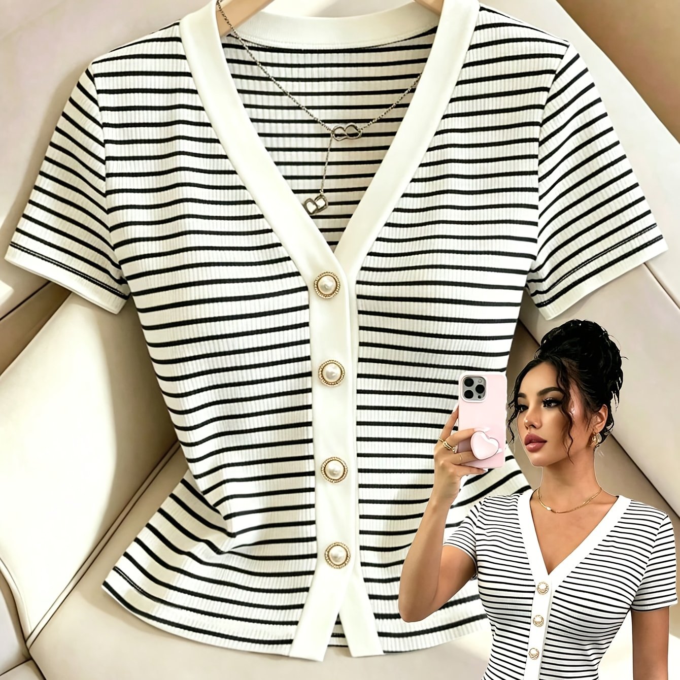 TEMU Ladies Fashion Striped V-neck Button Decorated T-shirt
