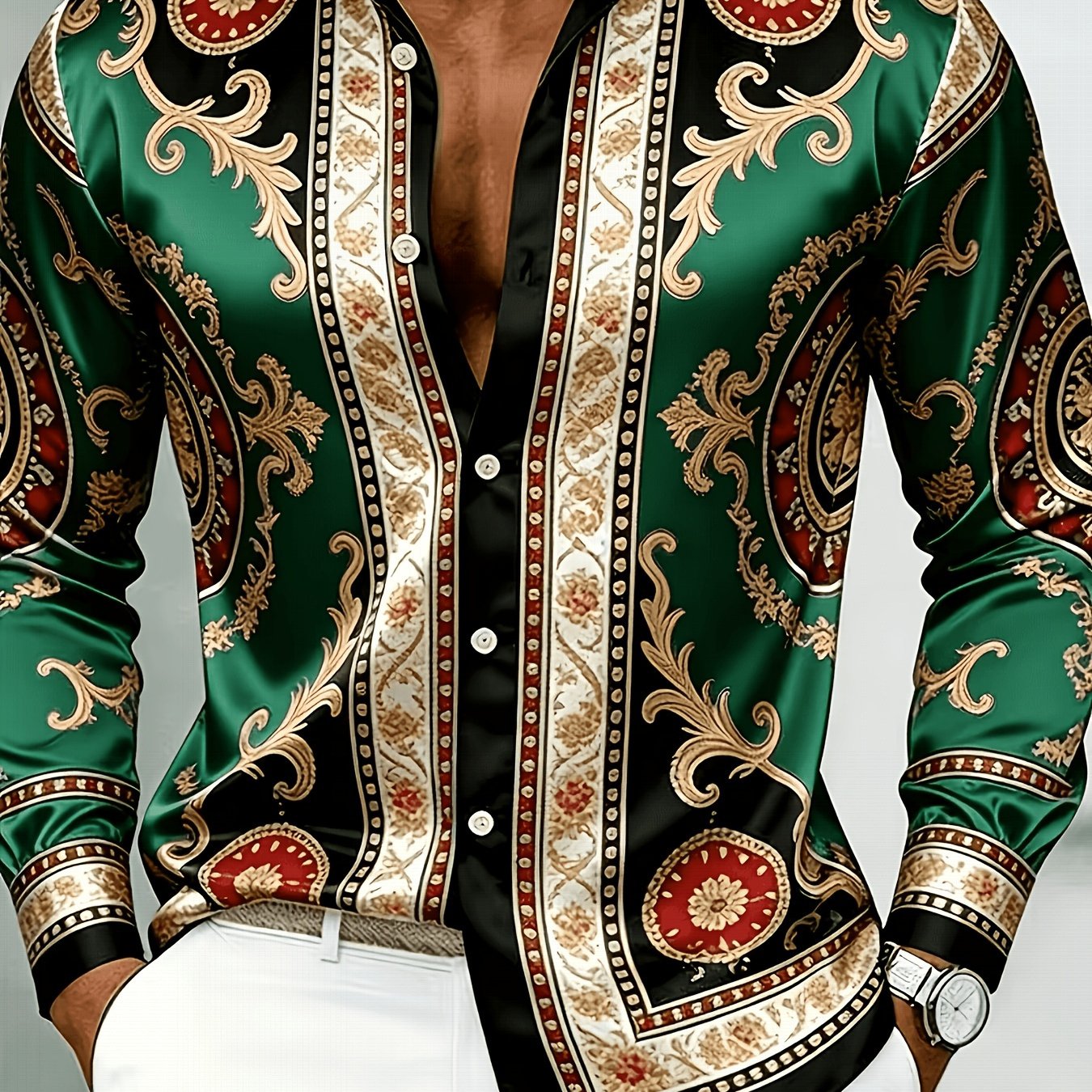 TEMU Men's Long Sleeve Shirt, Vintage Baroque In Peach Color, Casual Party And Office Wear, Button-up Top