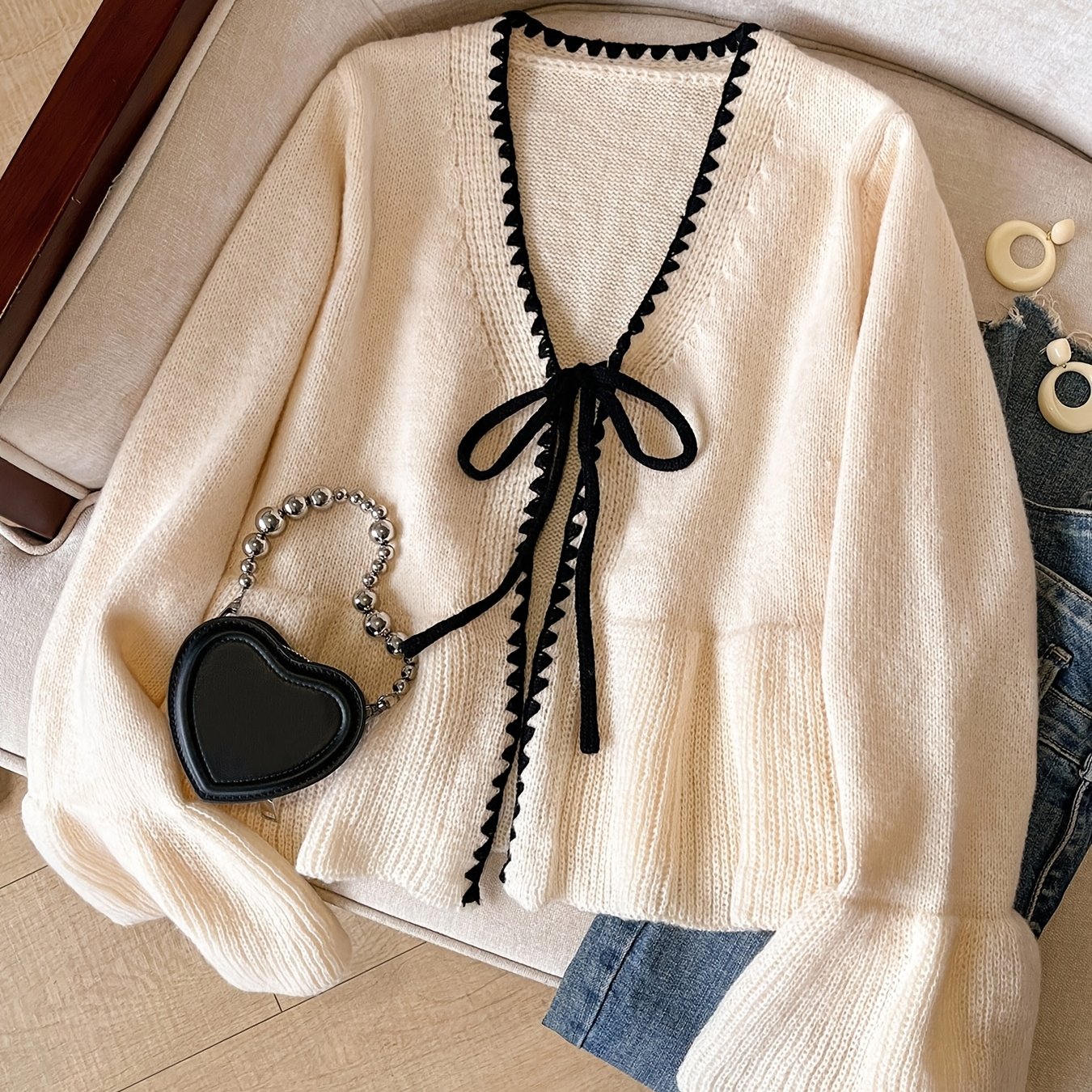 TEMU Damen Color Block Schnür-Cardigan mit Kragen, Langarm-Cardigan, Rüschen-V-Ausschnitt, lässiges Oberteil für Frühling und Herbst