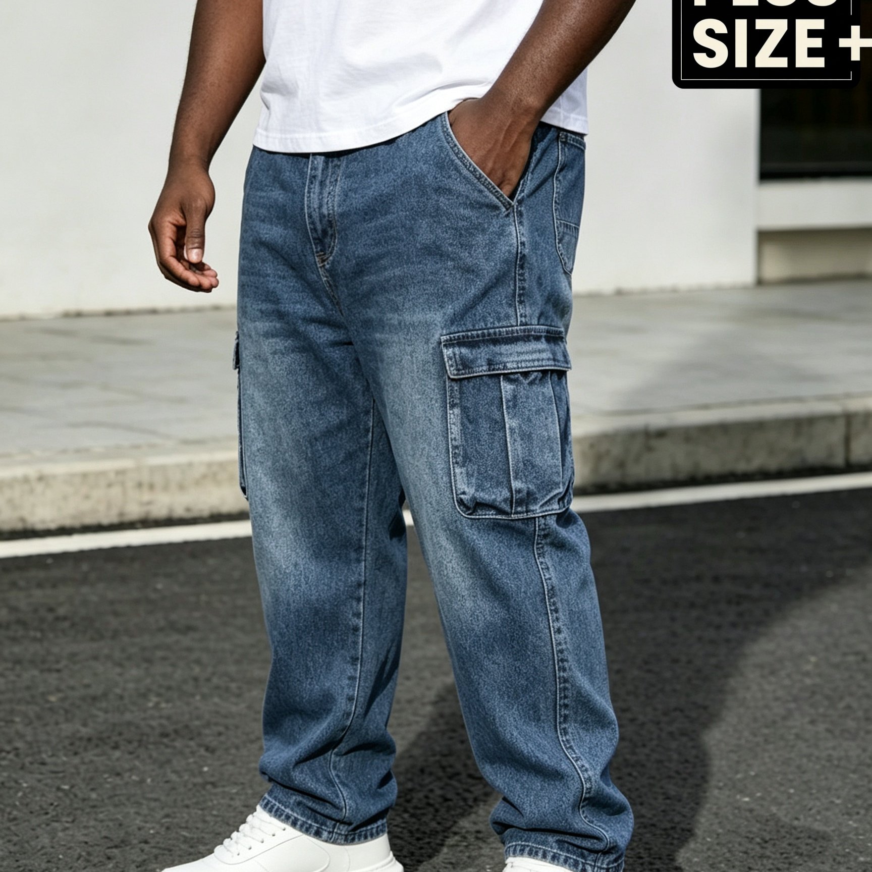 Image of [allsro] H002 Men's Heavy-duty Cargo Pants With Multi- & Ykk Zipper - Heavy-washed Vintage Blue Denim Trousers Suitable For Outdoor,, Casual Wear, Machine-washable Straight Pants, Plus Size