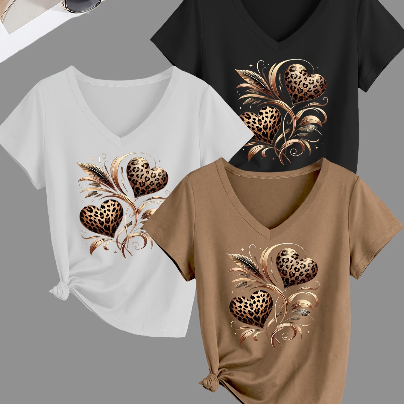 TEMU -piece Set Featuring A Leopard Print Heart Pattern T-shirt, Casual Short-sleeve V-neck Top For Spring And Summer In Europe And America,