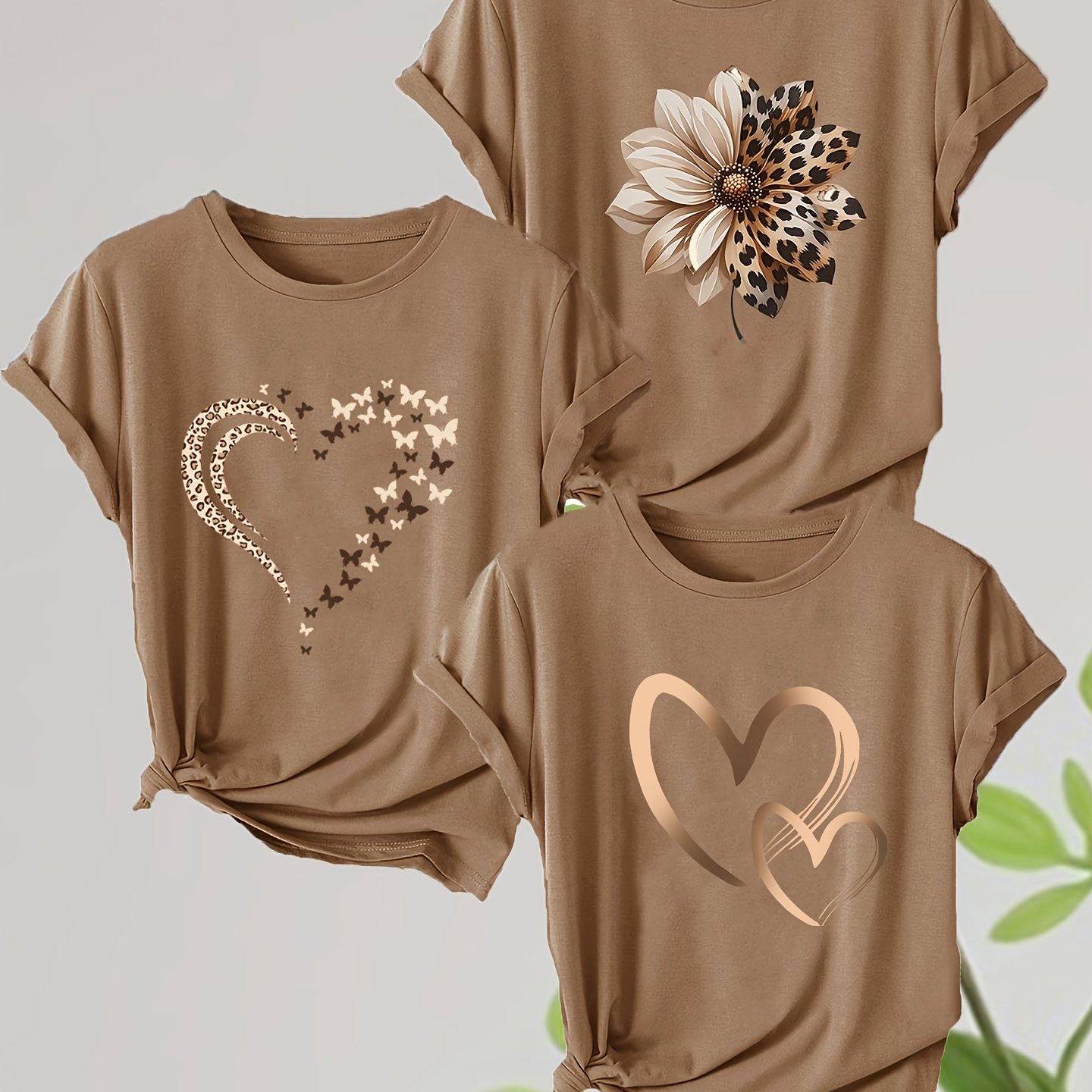 Image of Women'-piece Set Camel Brown T-shirt, Floral, Heart Pattern Print Top, Spring/summer Round Neck Sweatshirt Suitable For Daily Wear And Outdoor Activities, Perfect For Outdoor