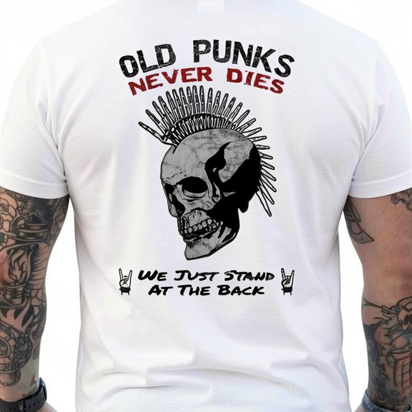 Image of Old Punks Never Dies Punk Rock Music & Punks Men's T-shirt Back Print - Fit, , Machine Washable, Relaxed Fit For Casual Attire